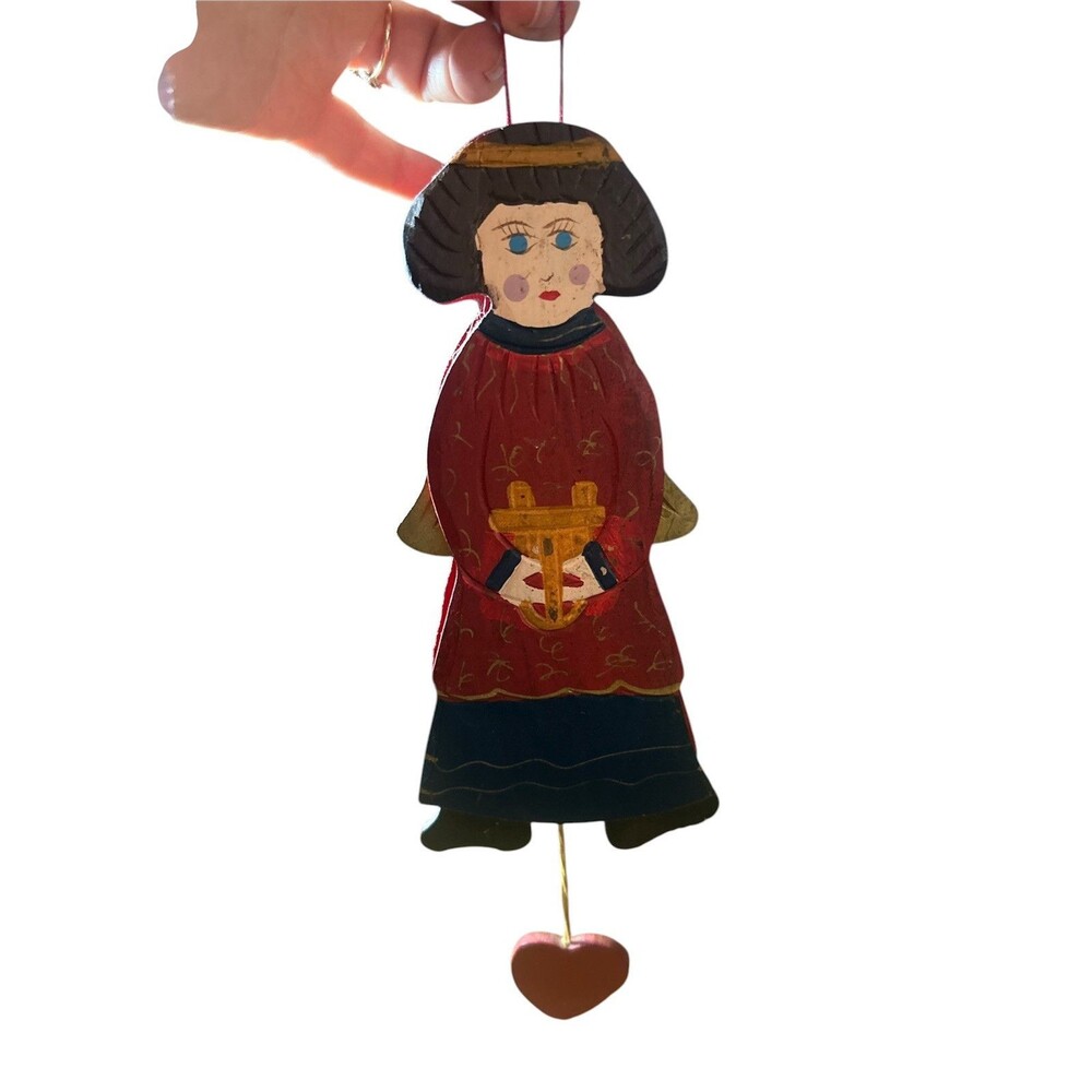 Angel Wooden Christmas Vintage Ornament W/ Harp Heart String Wings Brown Hair - Picture 9 of 10